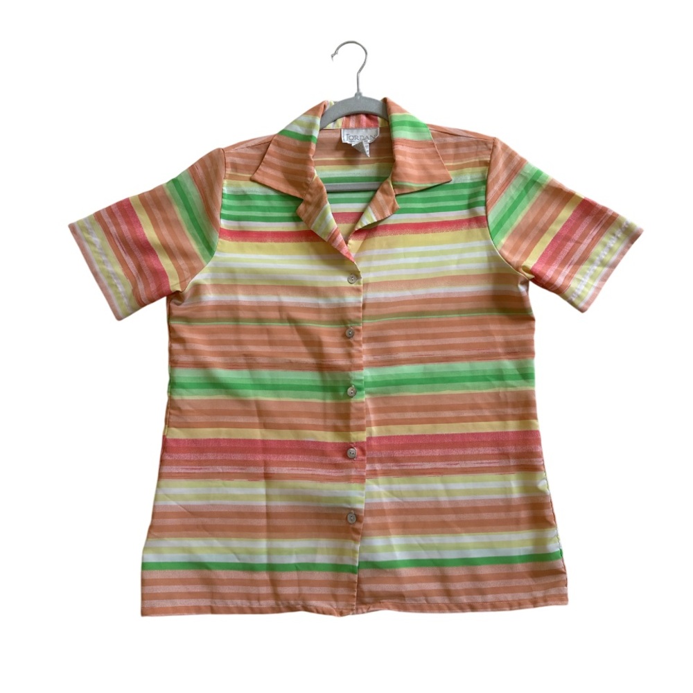 Vintage Stripped Button Down Multicolor Shirt Sz L Retro 90s Vacation Resort Top